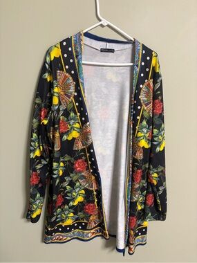 Noracora Open Front Duster Floral All Over Print Size 3X Lemons Fan Rose Maximal
